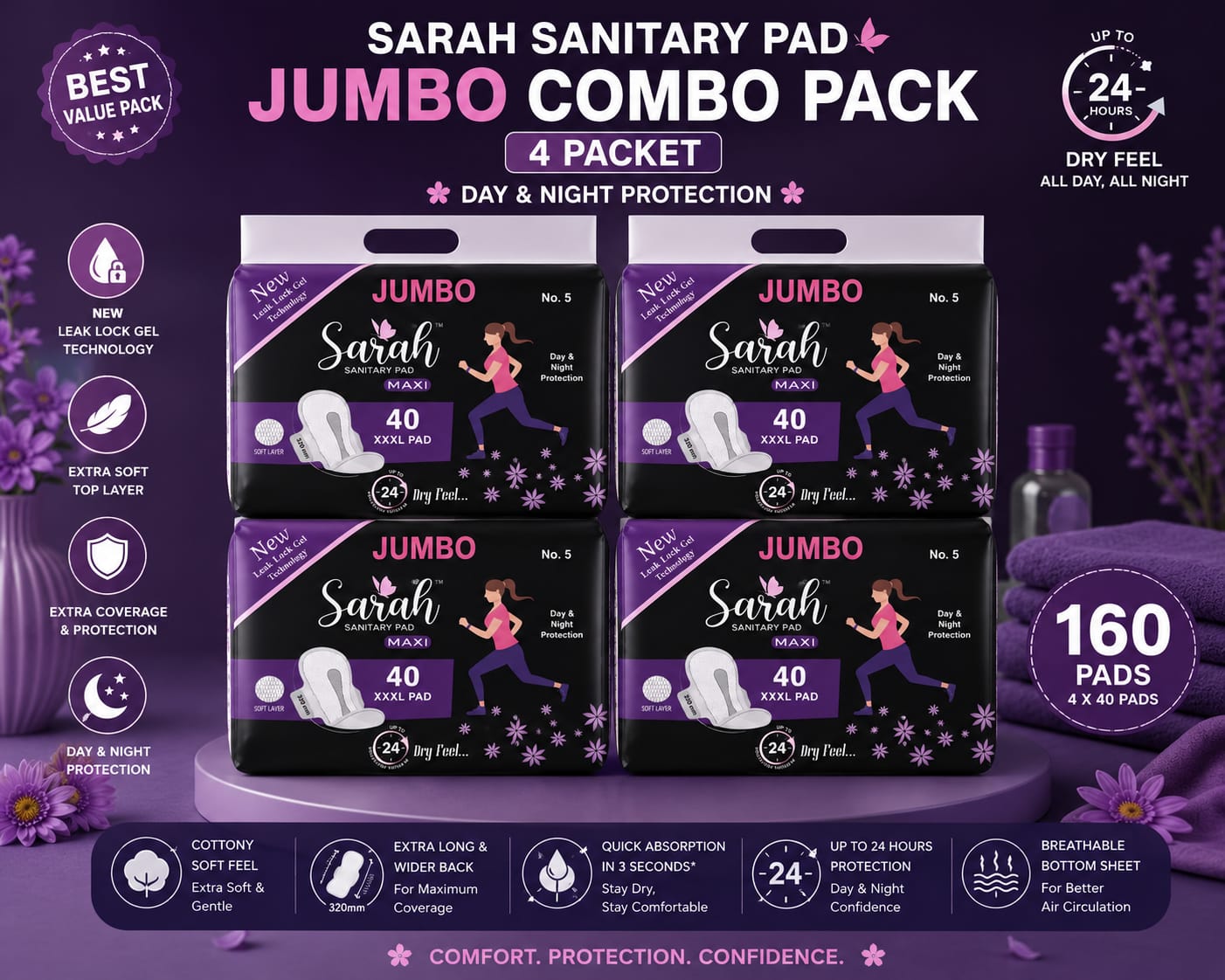 Sarah Sanitary Pad Jumbo Combo Pack - 4 Packets (160 Pads) XXXL 320mm